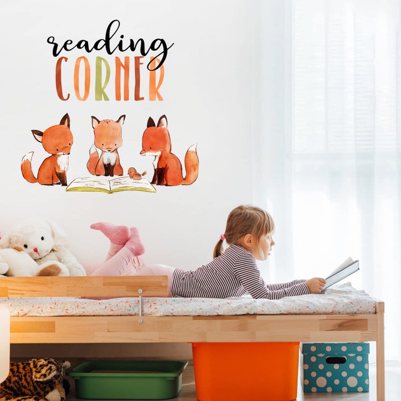 Mfault Foxes Reading Corner Baby Boys Girls Wall Decals Stickers, Removable Woodland Animals Read Books Nursery Playroom Decorations Bedroom Classroom Art, Bird Kids Library Toddler Room Decor - Image 4